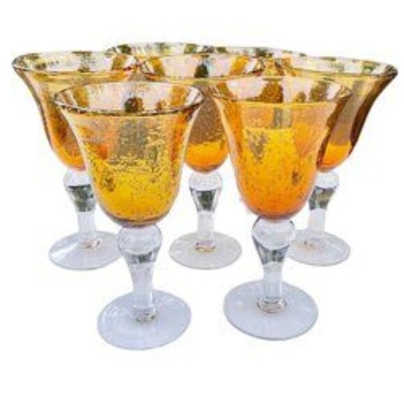 Amber Water Wine Globet Crackle Glass  8 Ounces Set of Seven - Picture 1 of 6